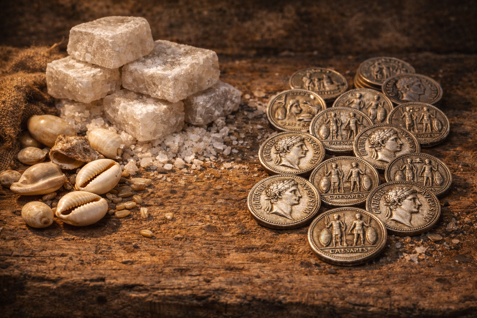 Early coins compared to shells and salt as earlier exchange items.