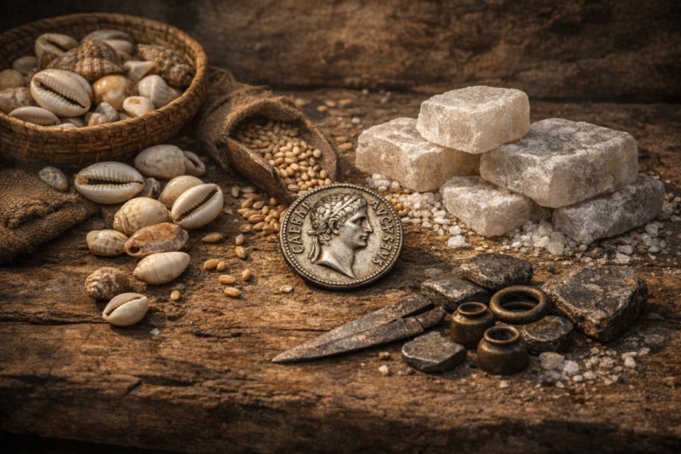 Early exchange items beside a single coin representing the transition to coinage.
