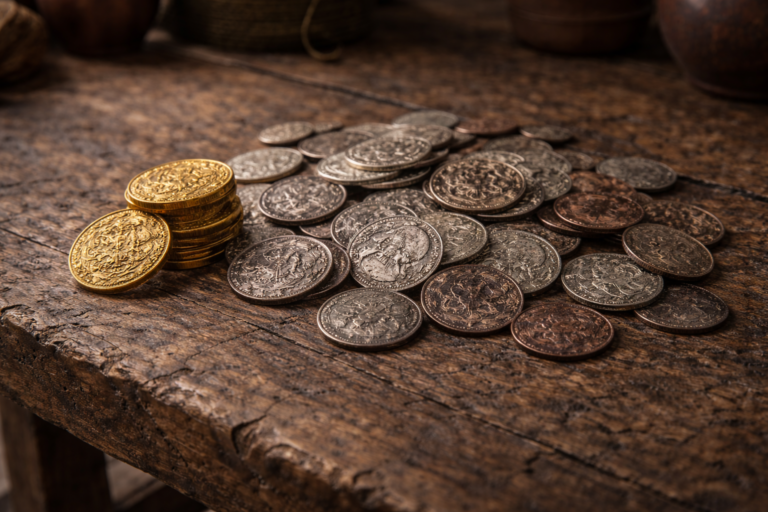 Gold coins shown as a small portion of medieval daily money compared to silver and copper coins.
