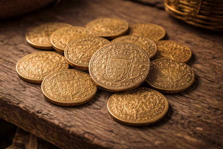 Gold coins used in medieval daily life displayed on a wooden market table.