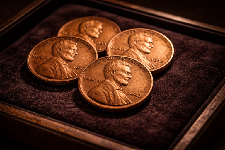 Group of rare 1943 copper Lincoln pennies displayed together on a museum tray.