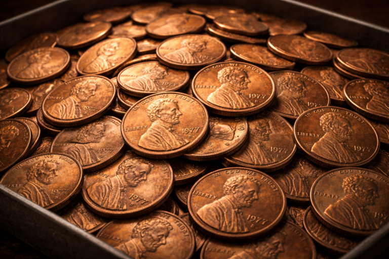Large group of 1977 Lincoln pennies showing how common the coin is.