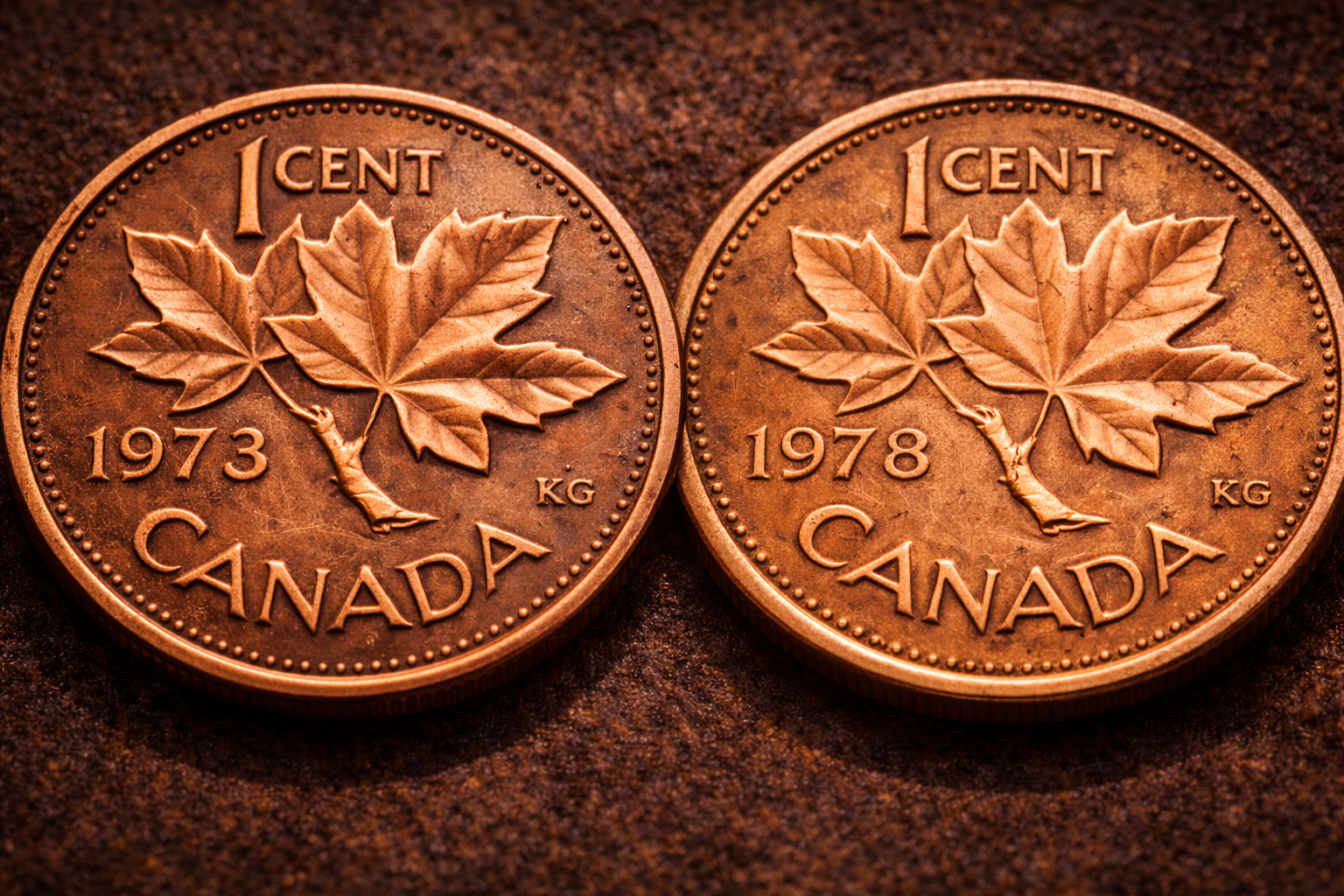 Maple leaf reverse detail on Canadian pennies from the 1970s.