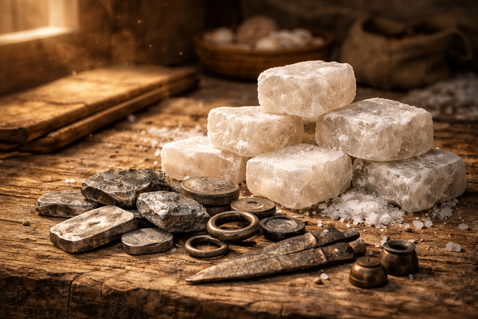 Metal pieces and salt blocks used before coinage.