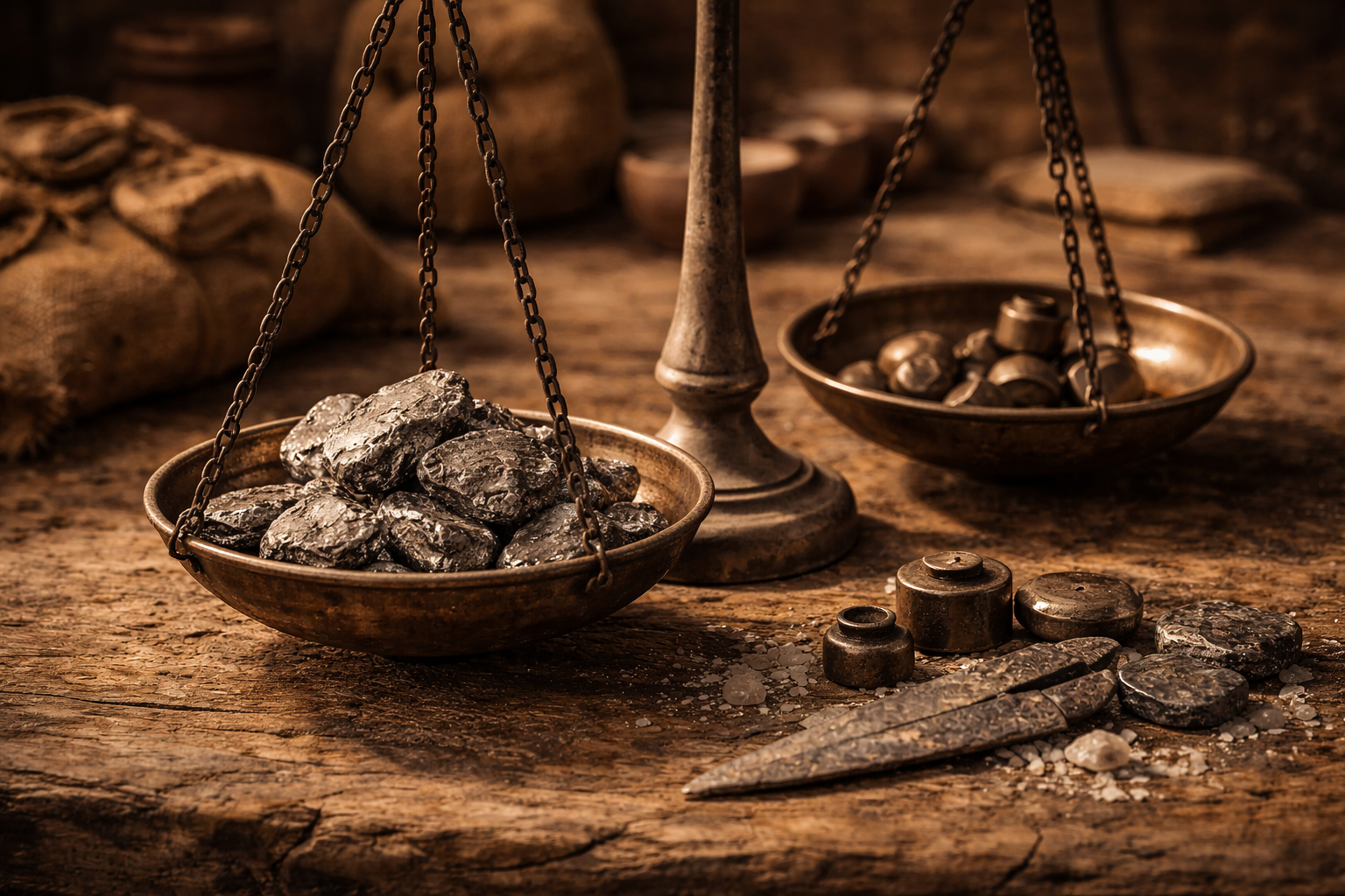 Metal pieces weighed on a balance scale showing the need for standardization.