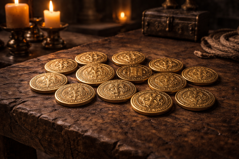 Middle Ages gold coins displayed on a wooden table inside a medieval stone hall.