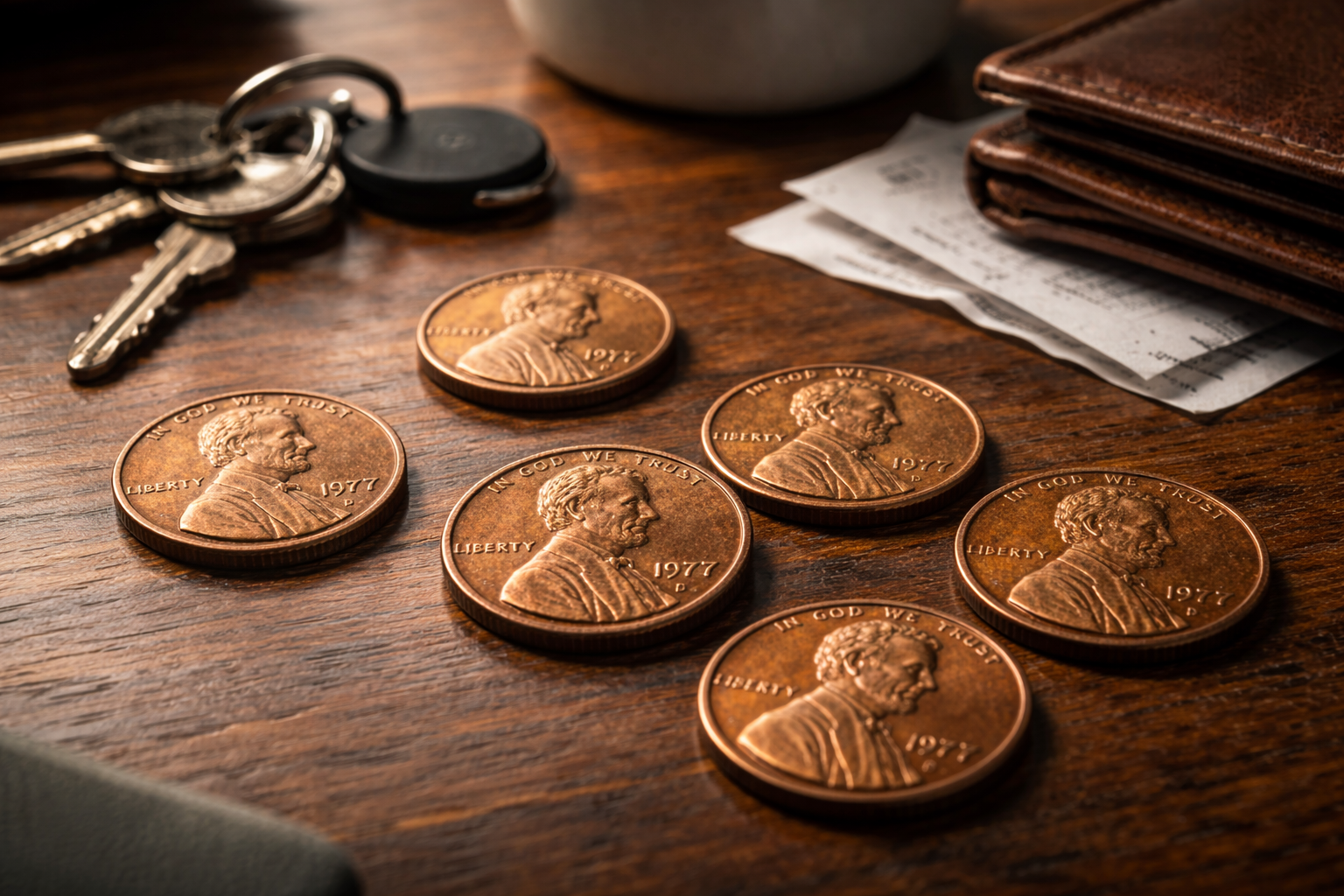 Multiple 1977 pennies commonly found in circulation.