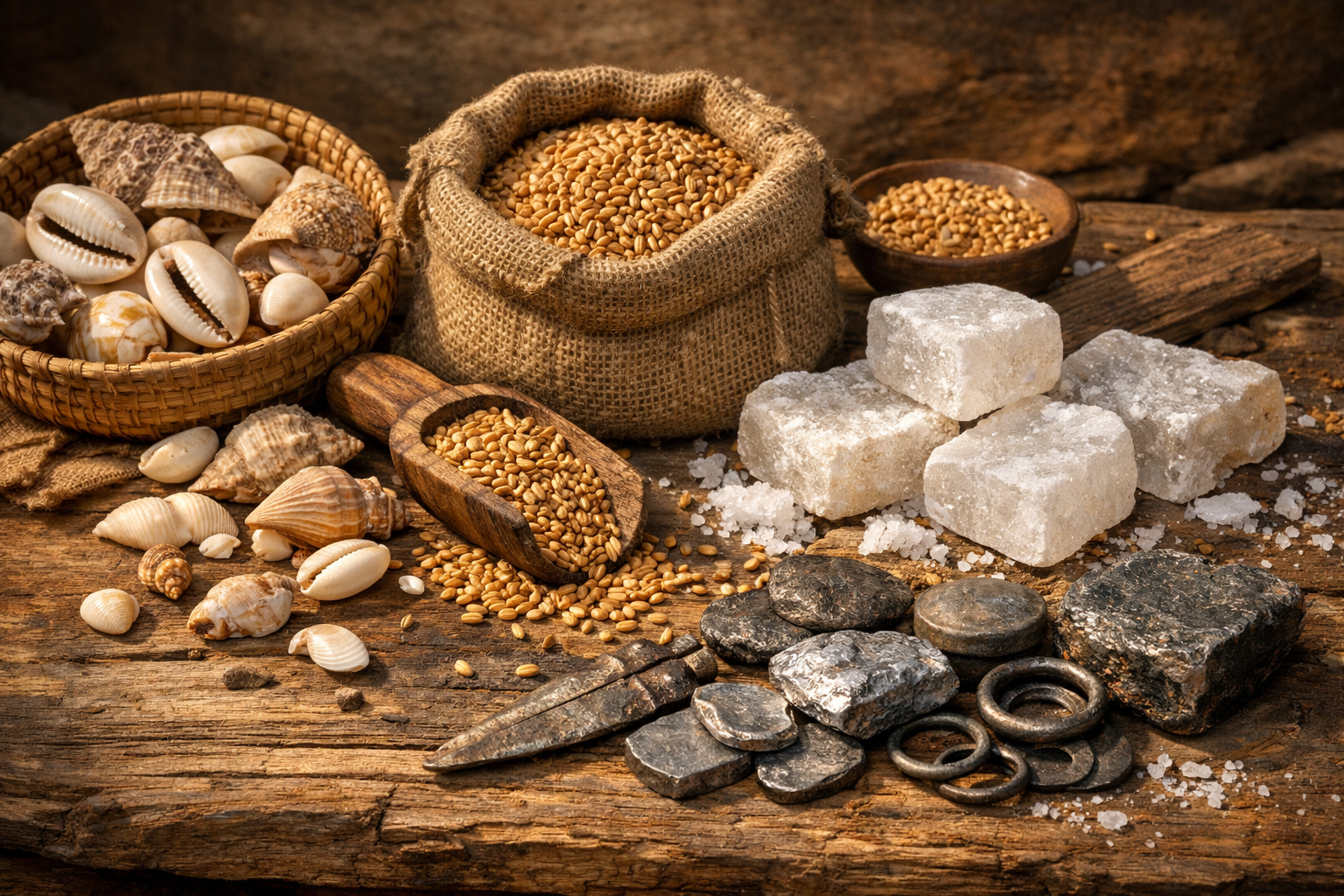 Objects used for exchange before money such as shells, grain, and metal pieces.