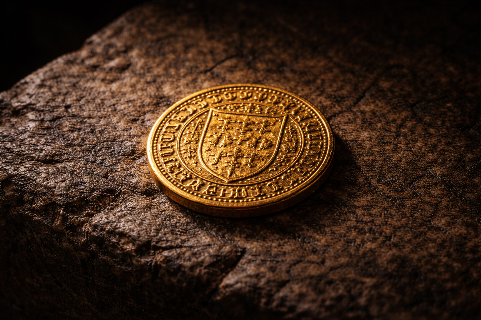 Single medieval gold coin showing detailed medieval engravings.