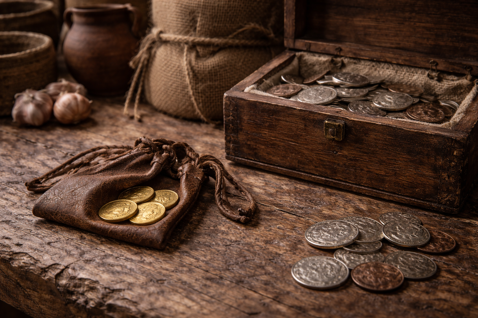 Small pouch of medieval gold coins kept separately from daily-use money.