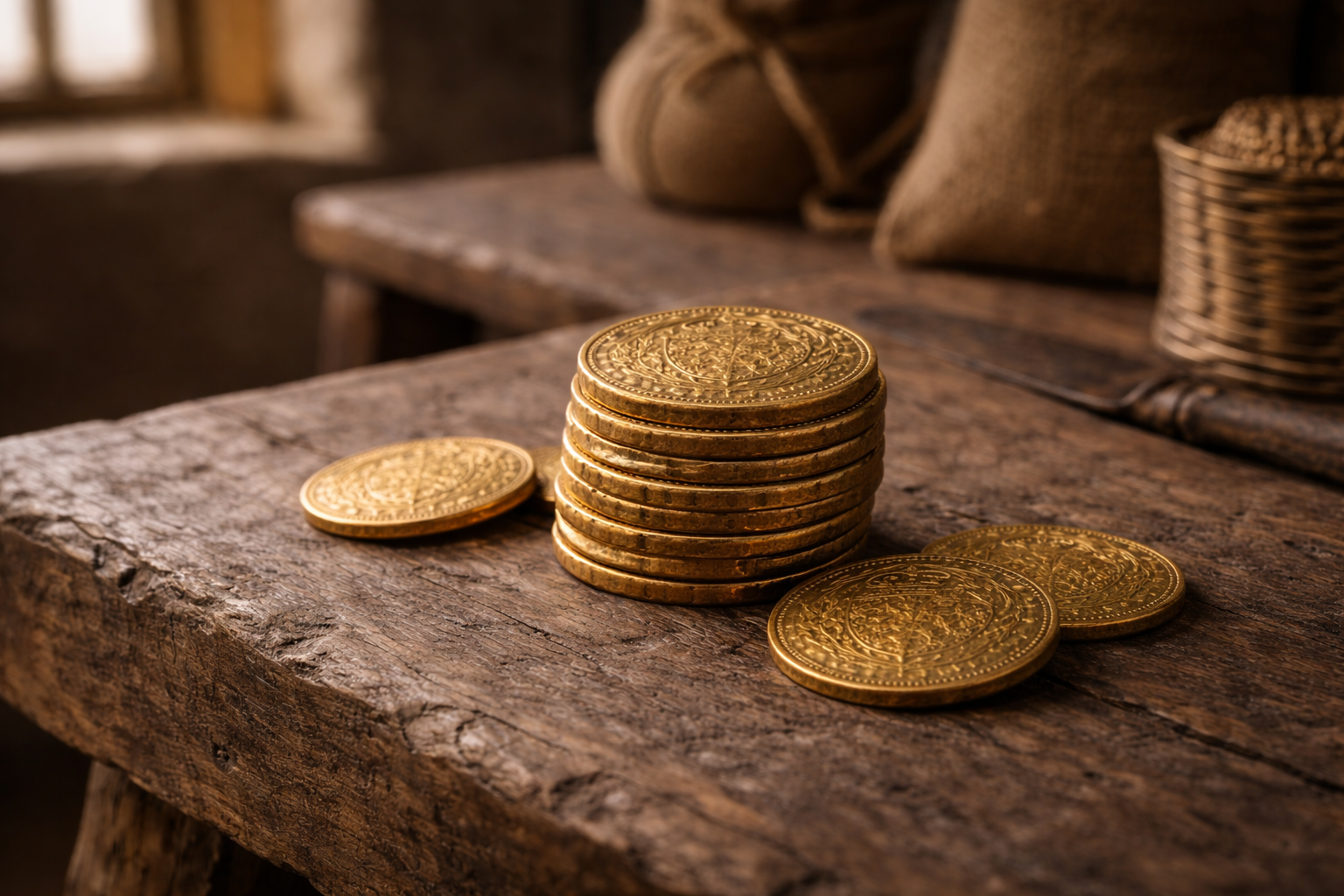 Stack of medieval gold coins kept for daily obligations and savings.