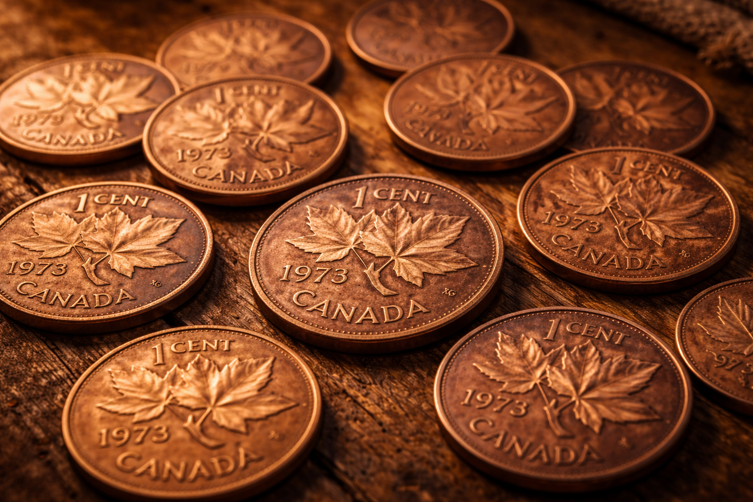 1973 Canadian pennies compared with nearby years showing small design differences