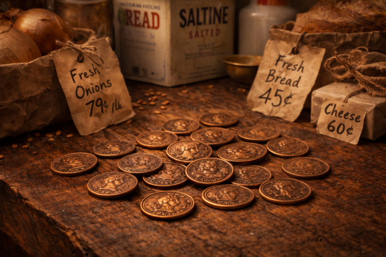 1973 Canadian pennies used in everyday shopping scene