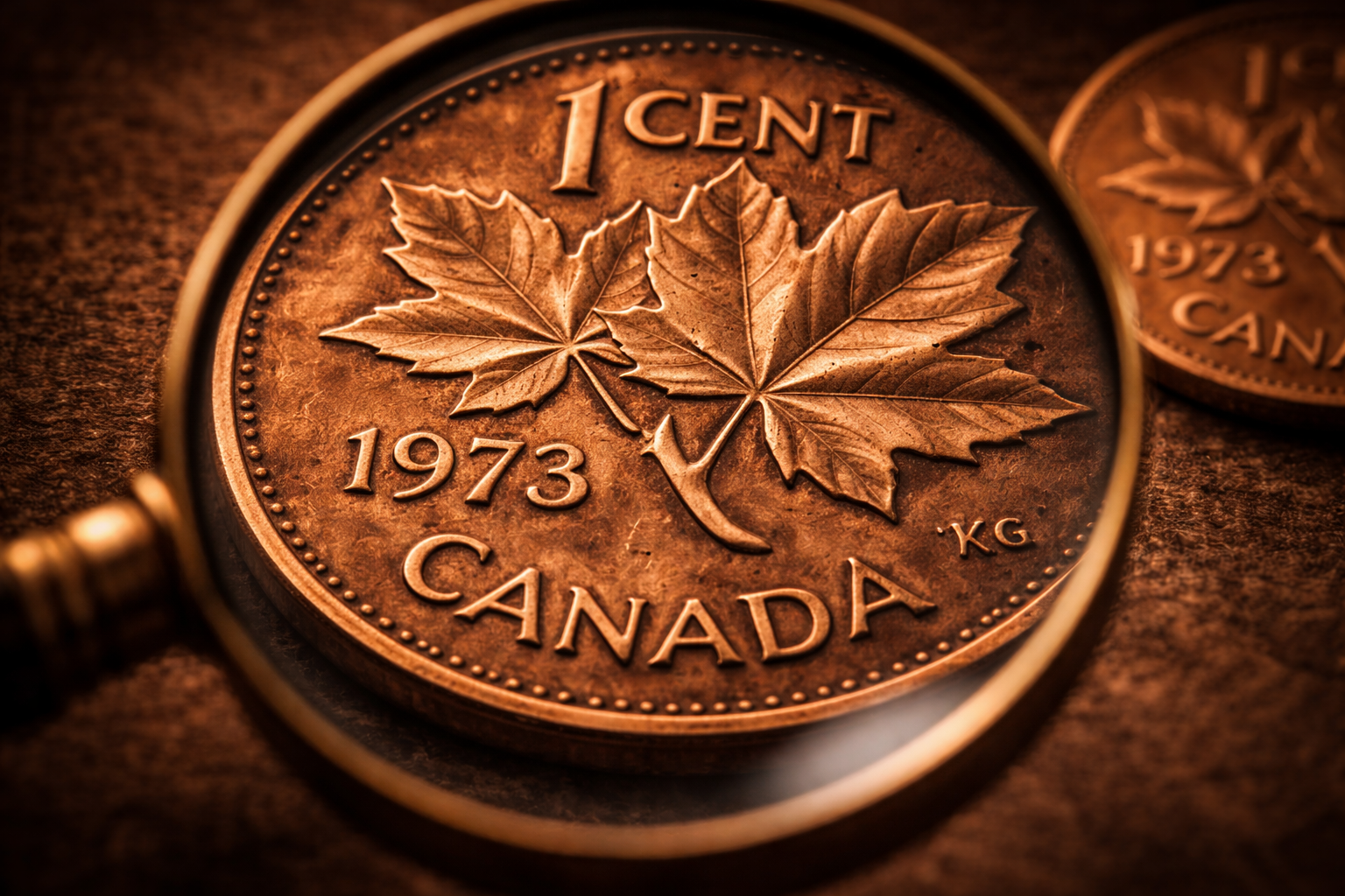 1973 Canadian penny under magnification showing small design details