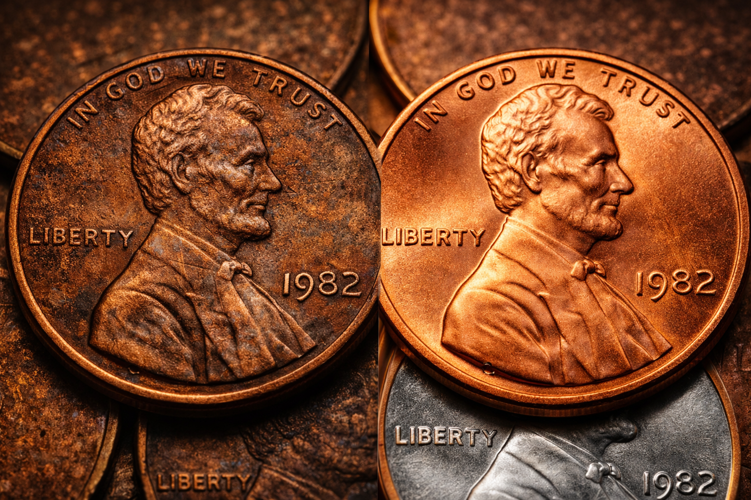 1982 Lincoln penny showing transition between copper and zinc compositions