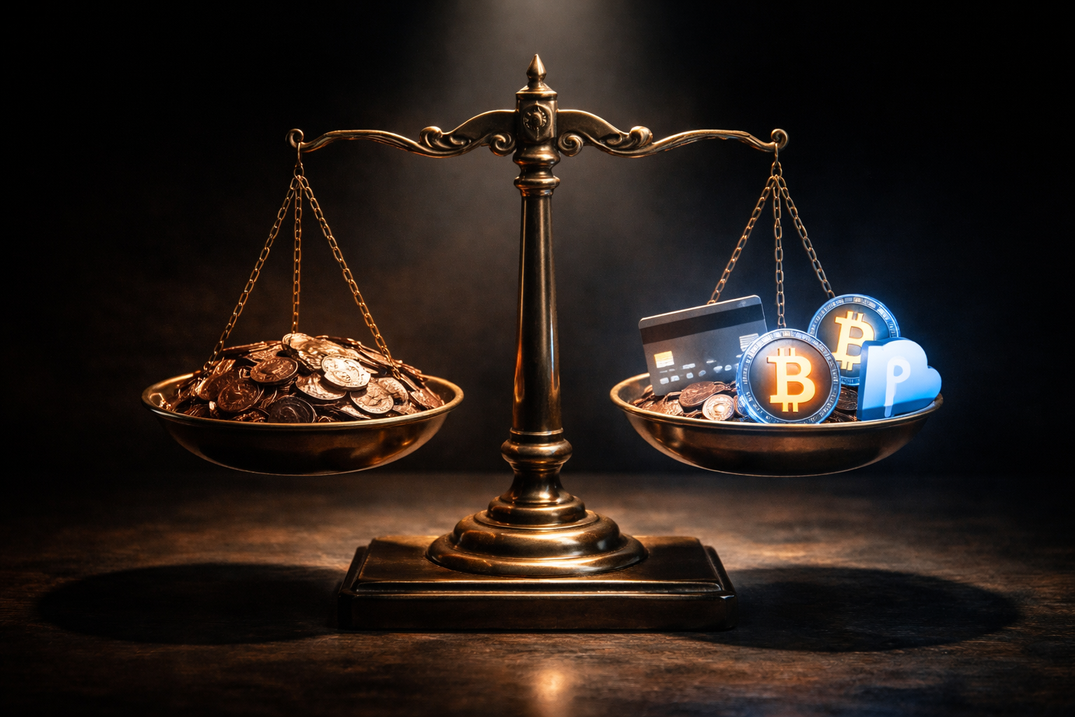 Balance between tradition and practicality represented by pennies and modern finance