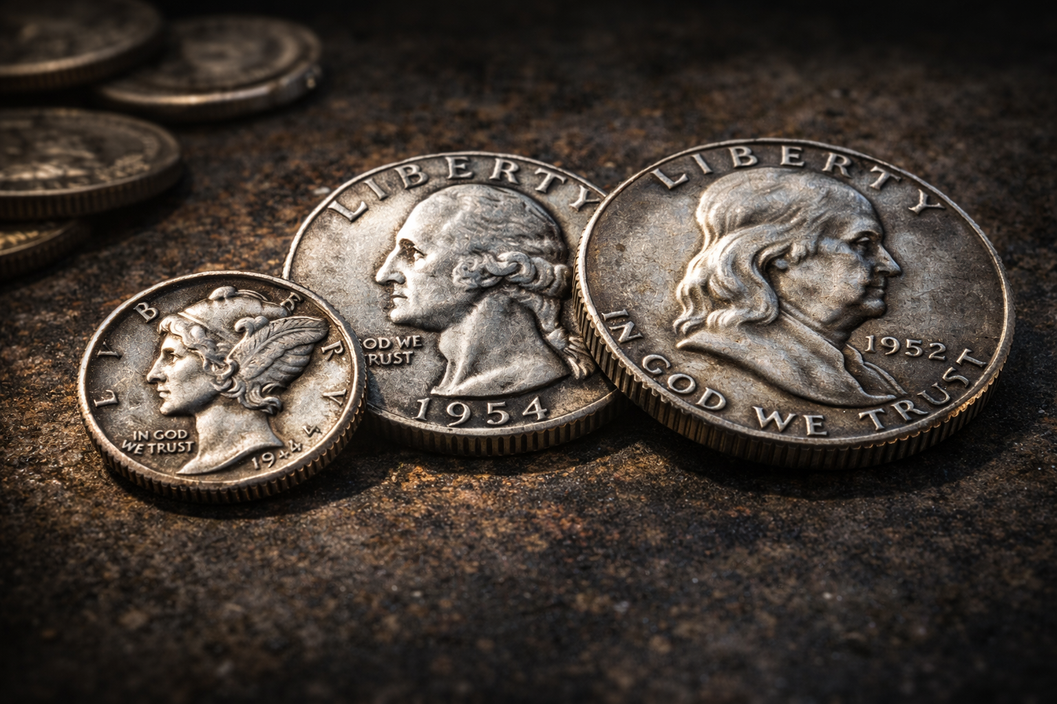 Classic U.S. coins made of 90 percent silver including dime quarter and half dollar