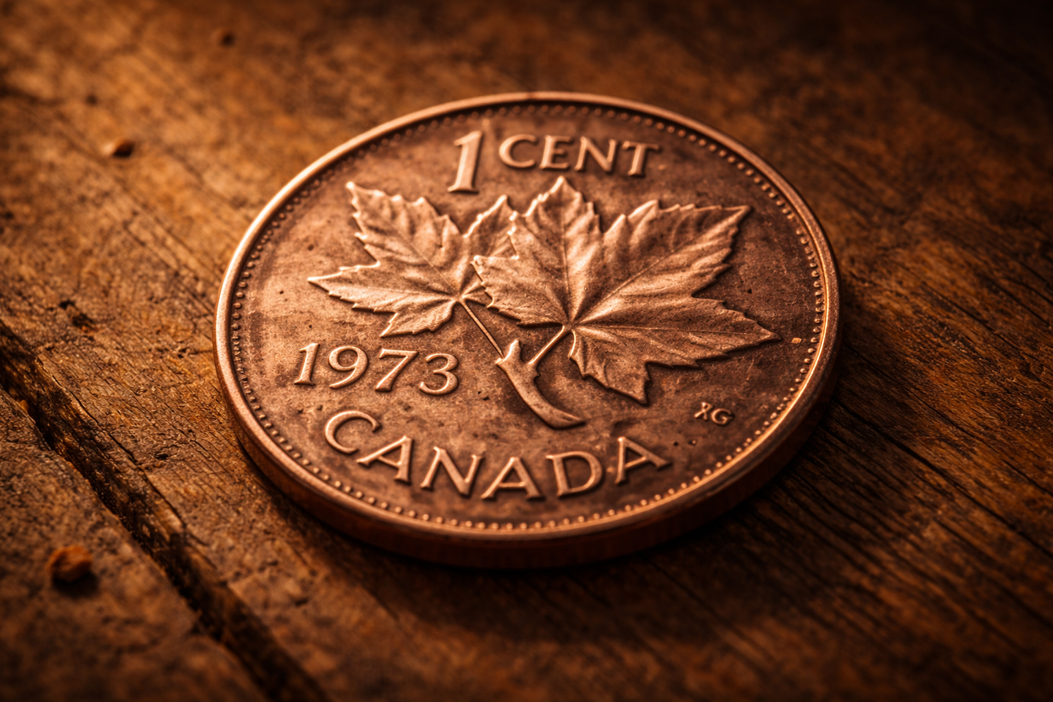 Close up of 1973 Canadian penny maple leaf design and lettering