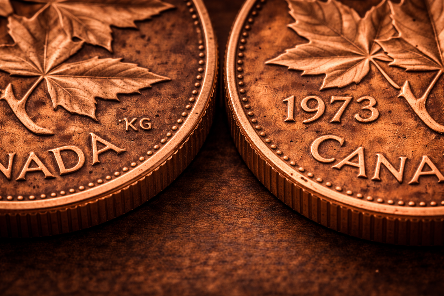 Close up of 1973 Canadian penny rim and strike quality detail