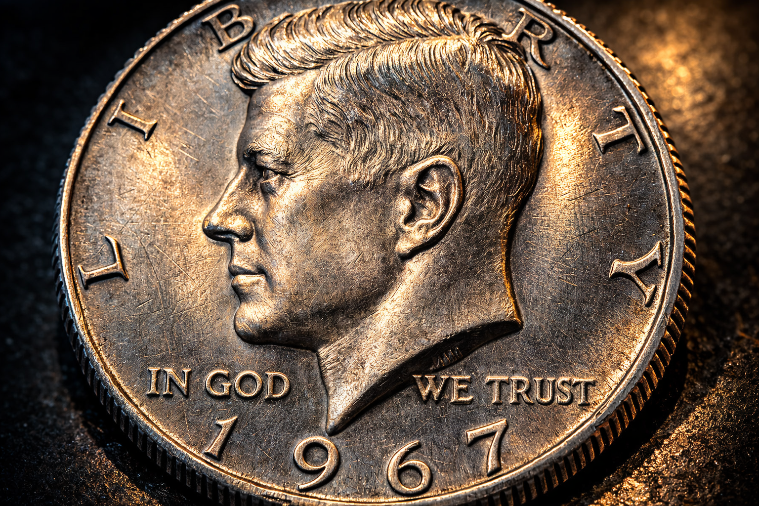 Close up of Kennedy half dollar coin