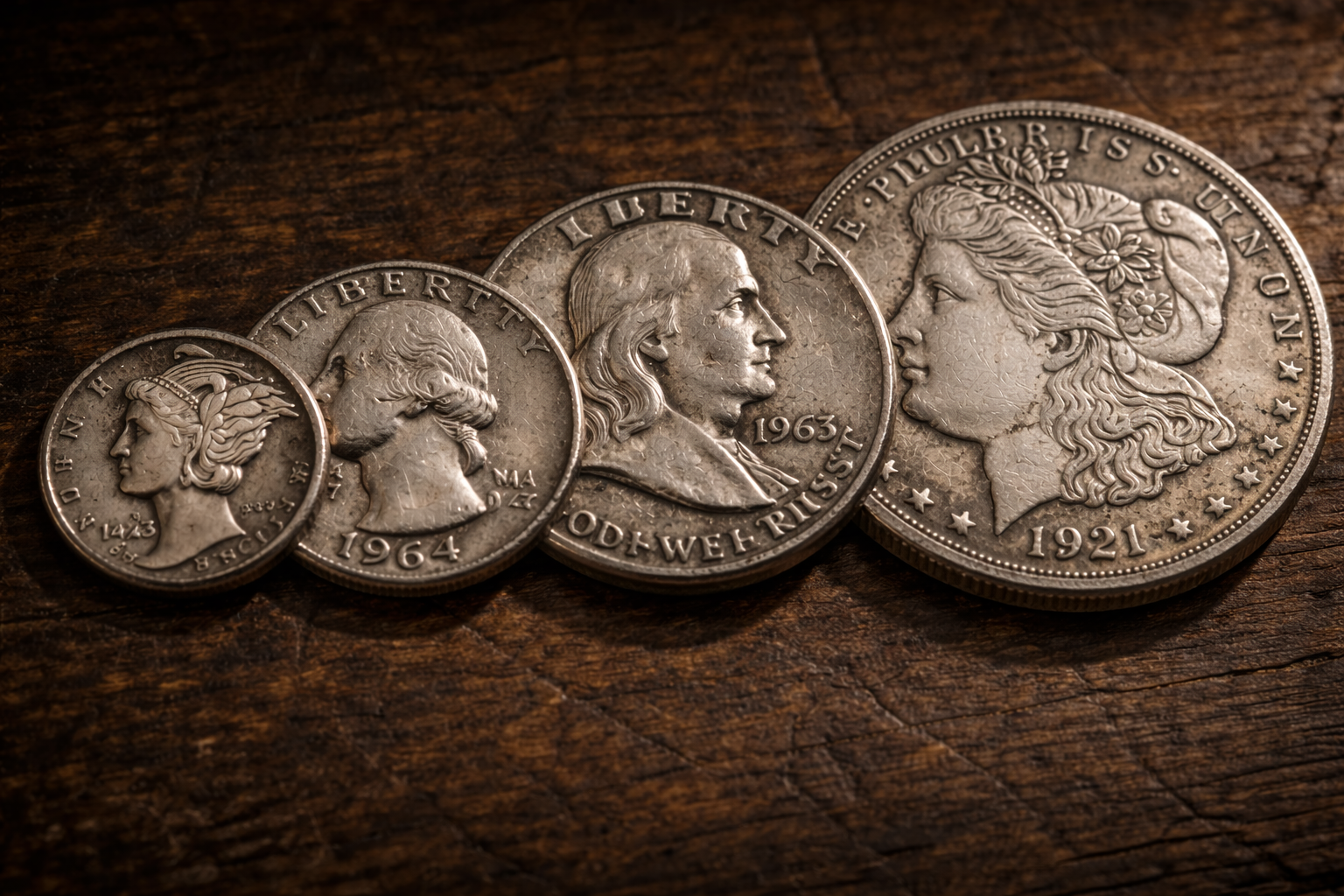 Close up of old U.S. silver coins showing Liberty design details