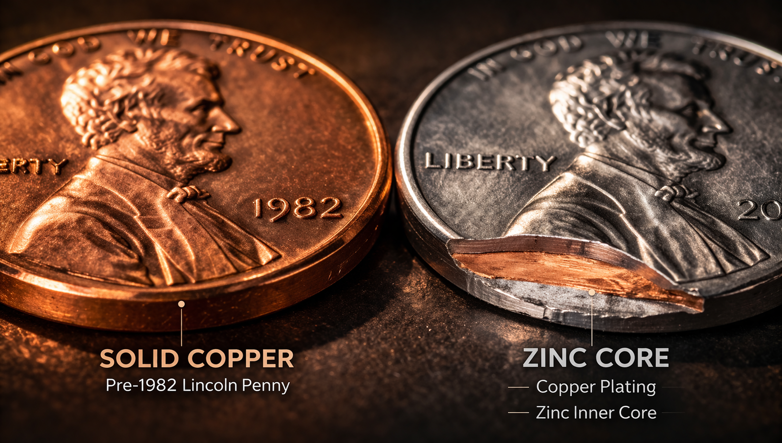 Close up of penny edge showing copper versus zinc structure