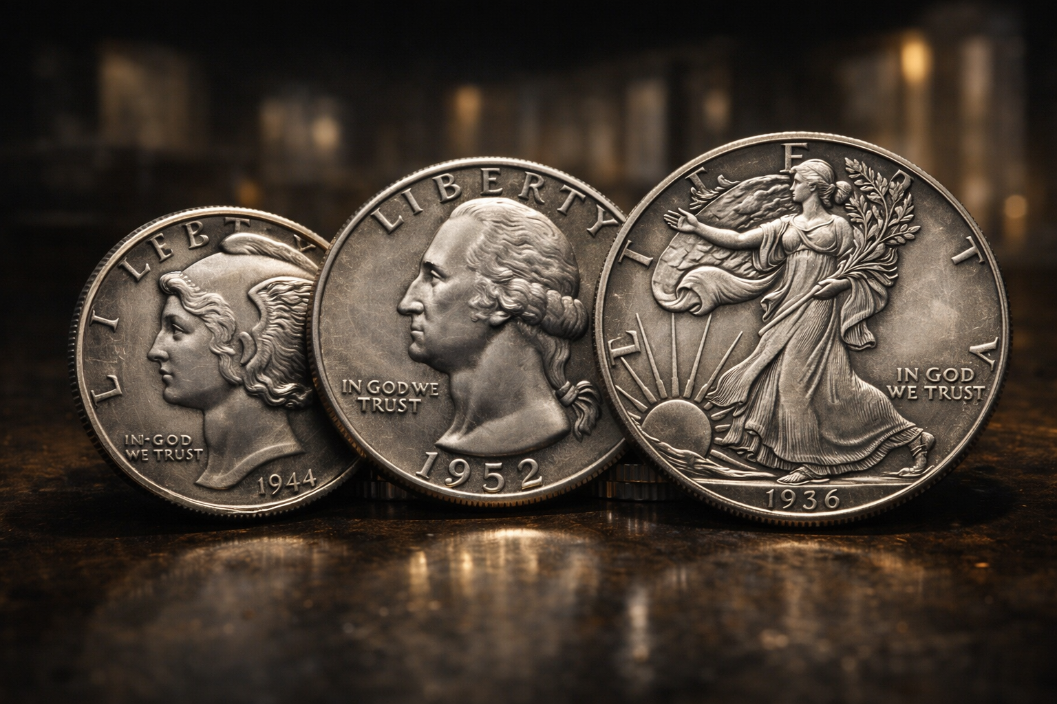 Close up of pre 1965 American silver coins