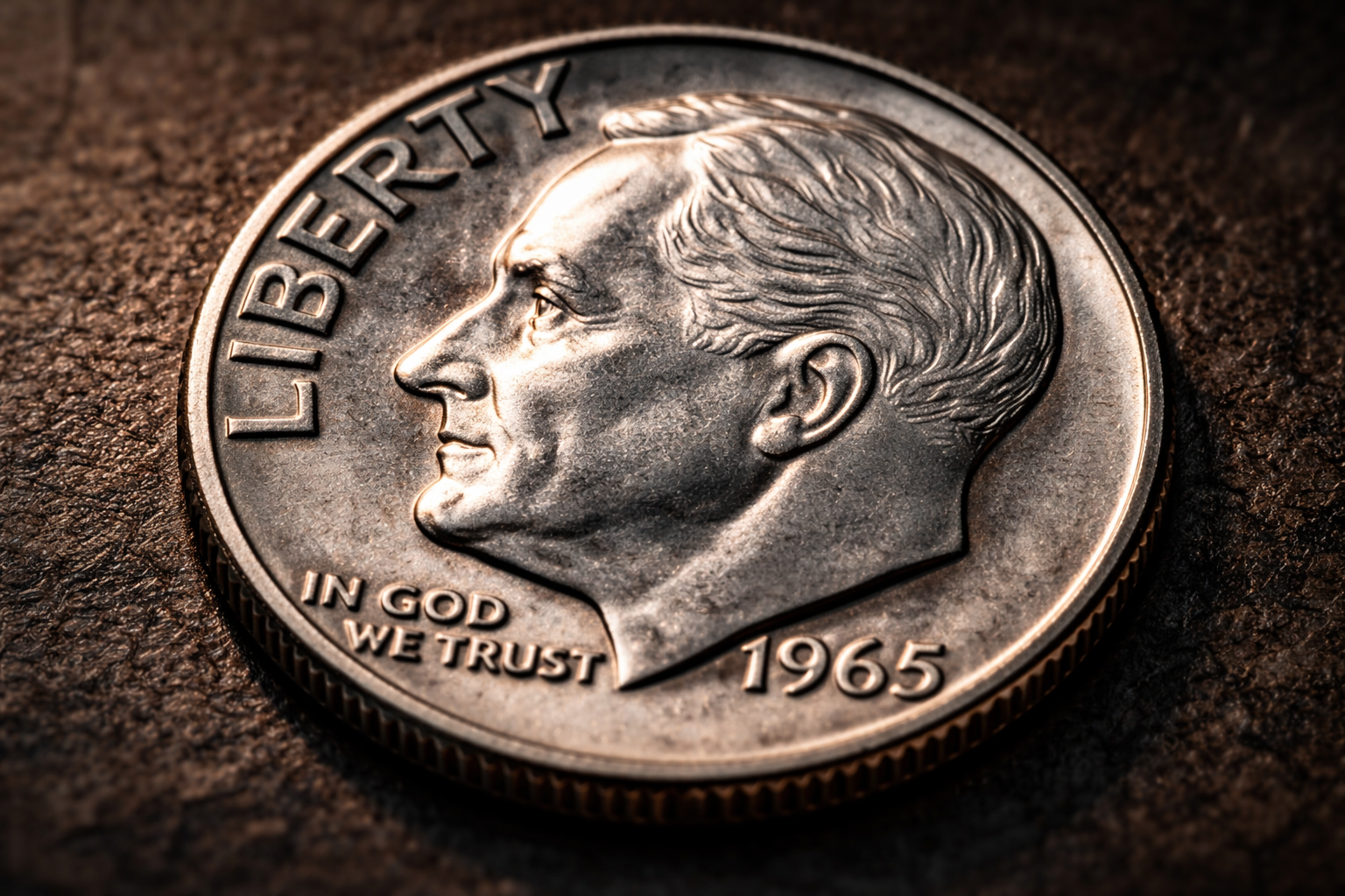 Close up of pre-1965 Roosevelt silver dime showing detailed design