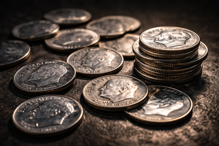 Collection of old U.S. silver dimes showing reflective silver surfaces