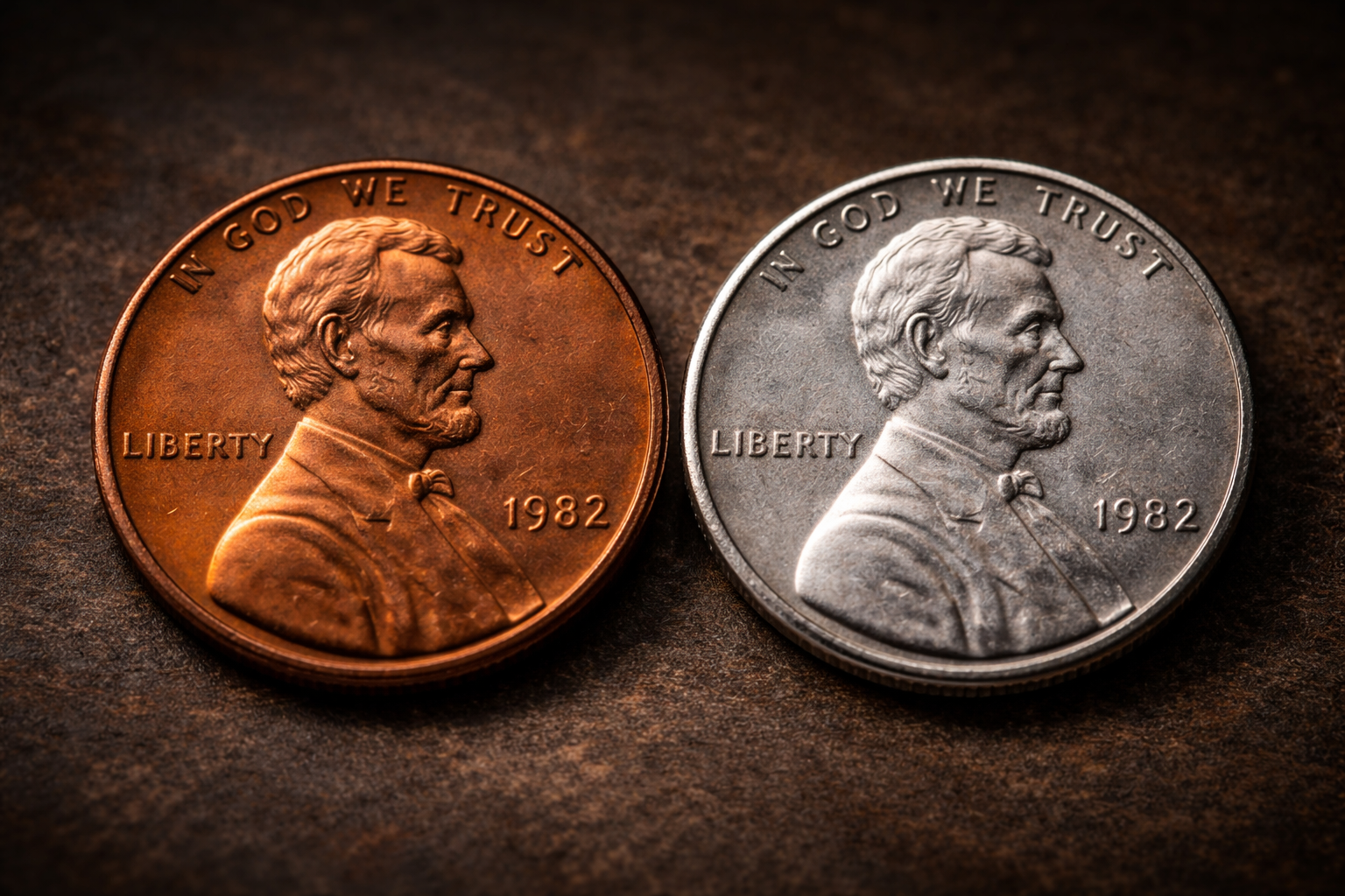 Comparison between copper and zinc U.S. pennies showing clear visual differences