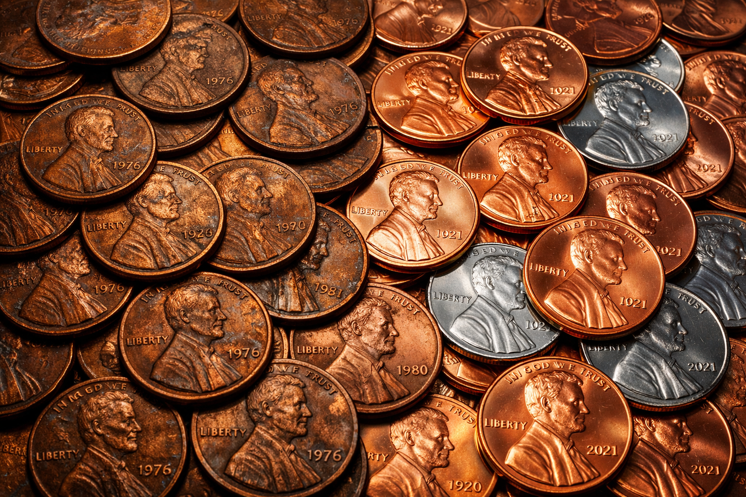 Comparison of copper pennies before 1982 and zinc pennies after 1982