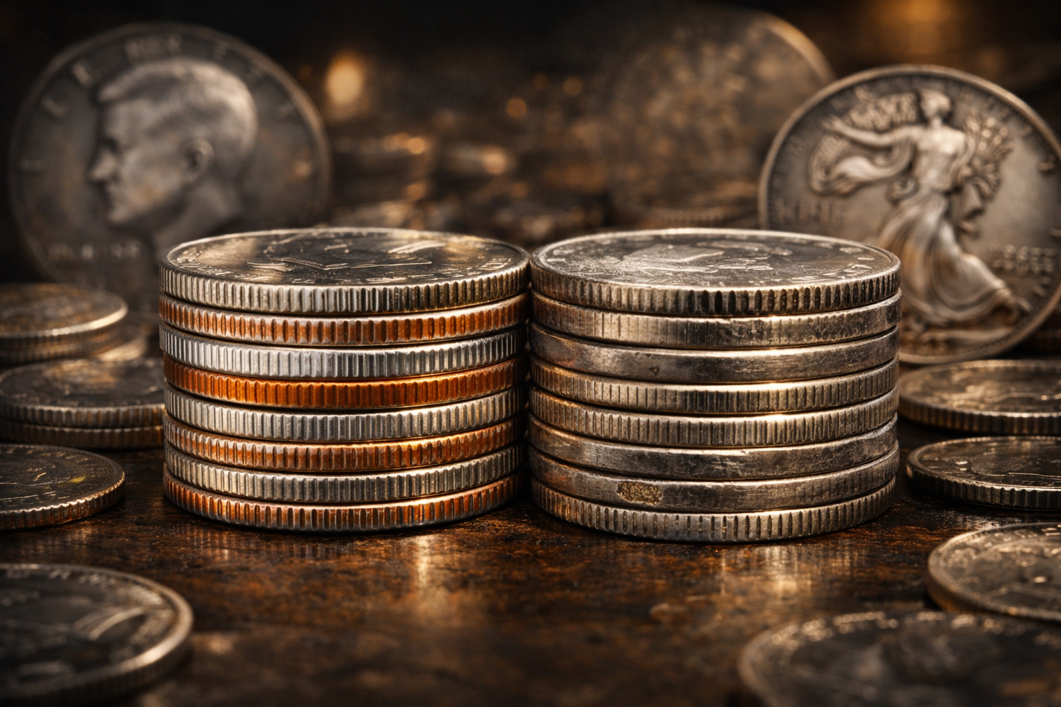 Comparison of modern clad coins and old silver coins