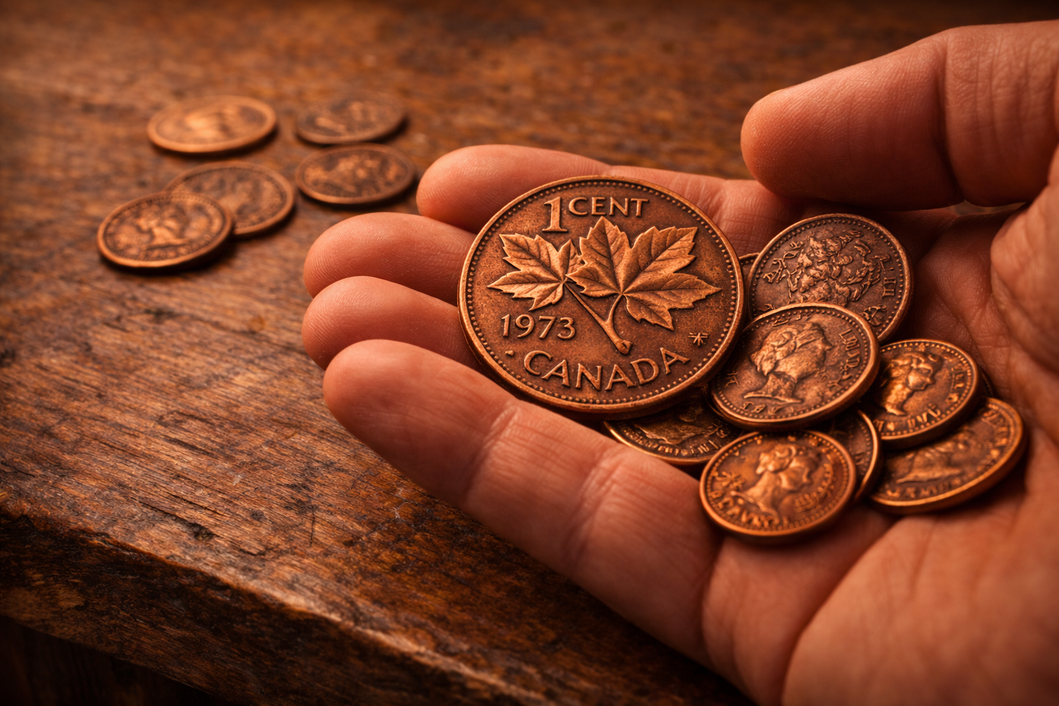 Counting Canadian pennies including a 1973 coin