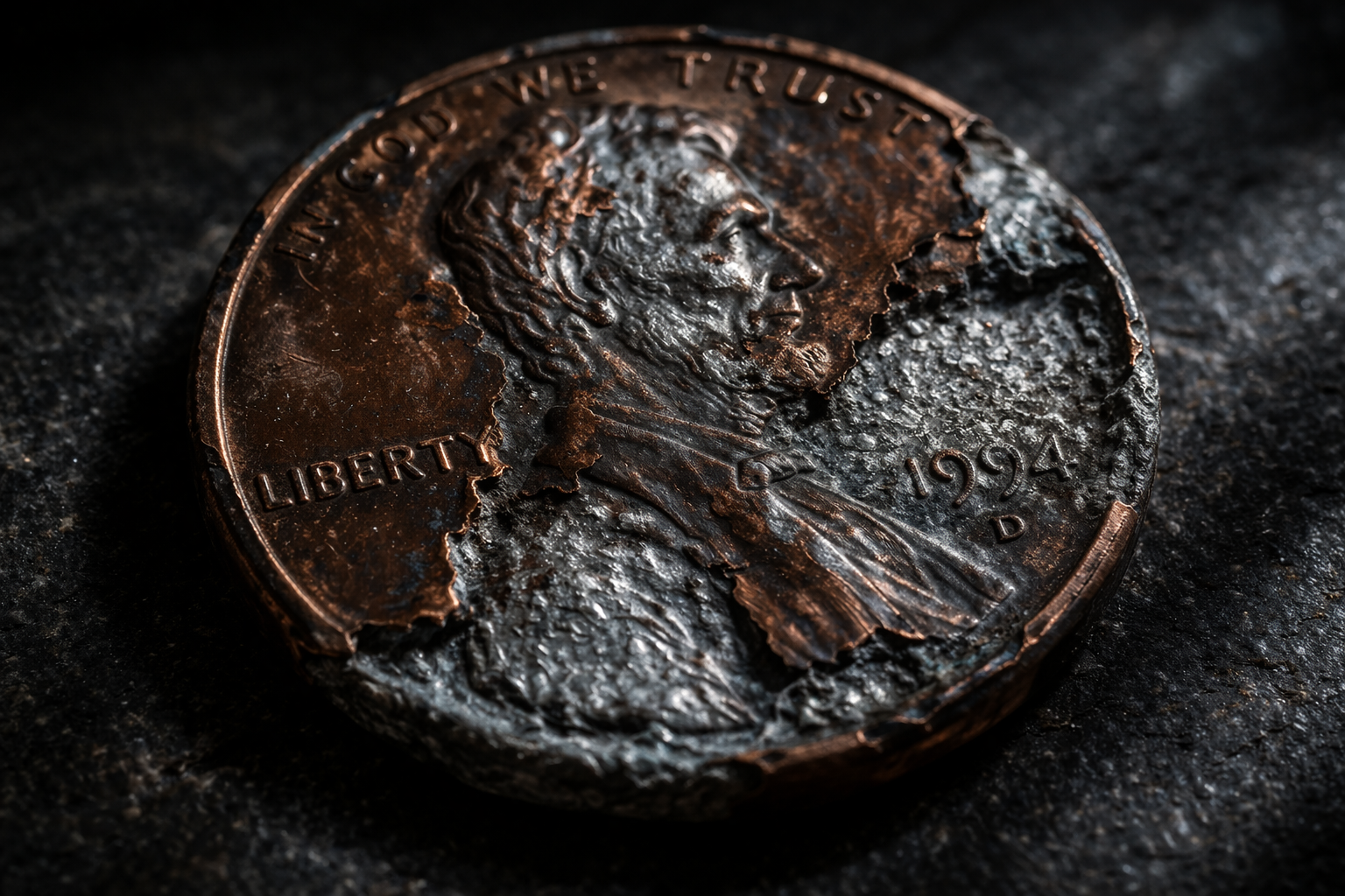 Damaged zinc penny showing corrosion after copper plating wears off