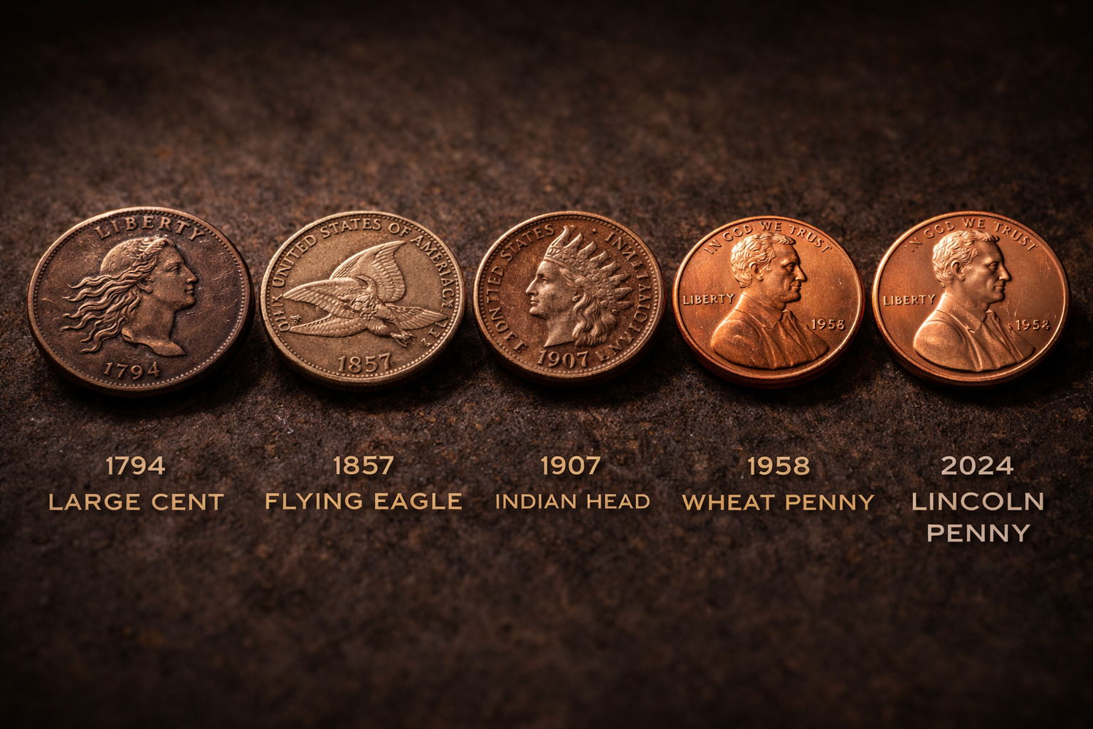 Evolution of U.S. copper pennies from early coins to modern Lincoln cents