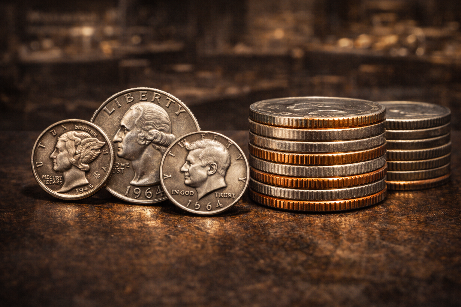 Historic U.S. silver coins beside modern clad coins showing edge difference