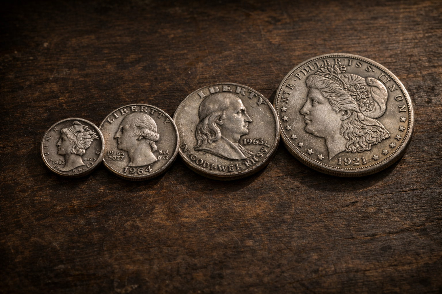 Historic U.S. silver coins including dime quarter half dollar and silver dollar