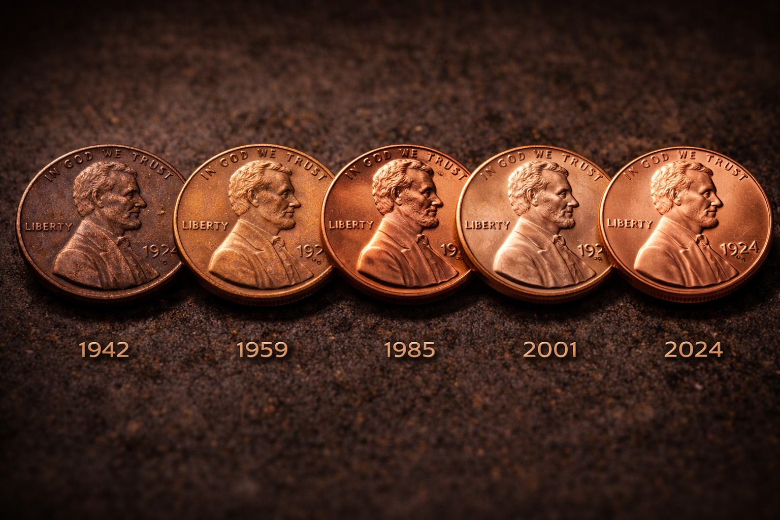 Lincoln pennies from different years showing design evolution