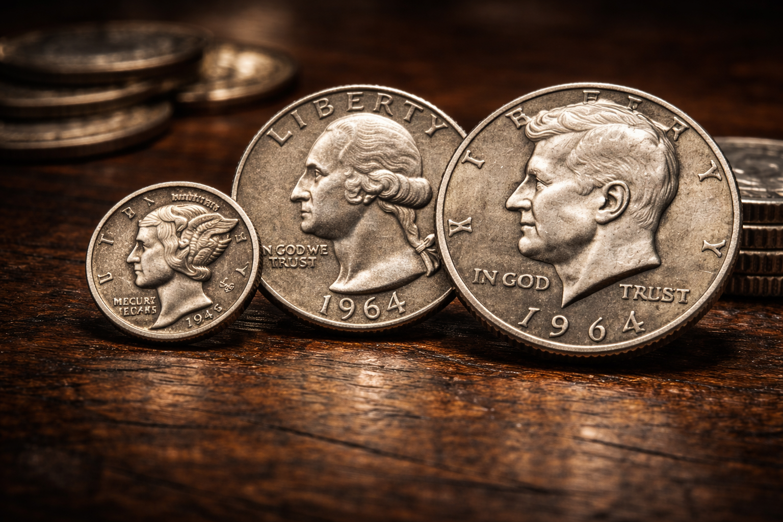 Old U.S. silver dime quarter and half dollar comparison