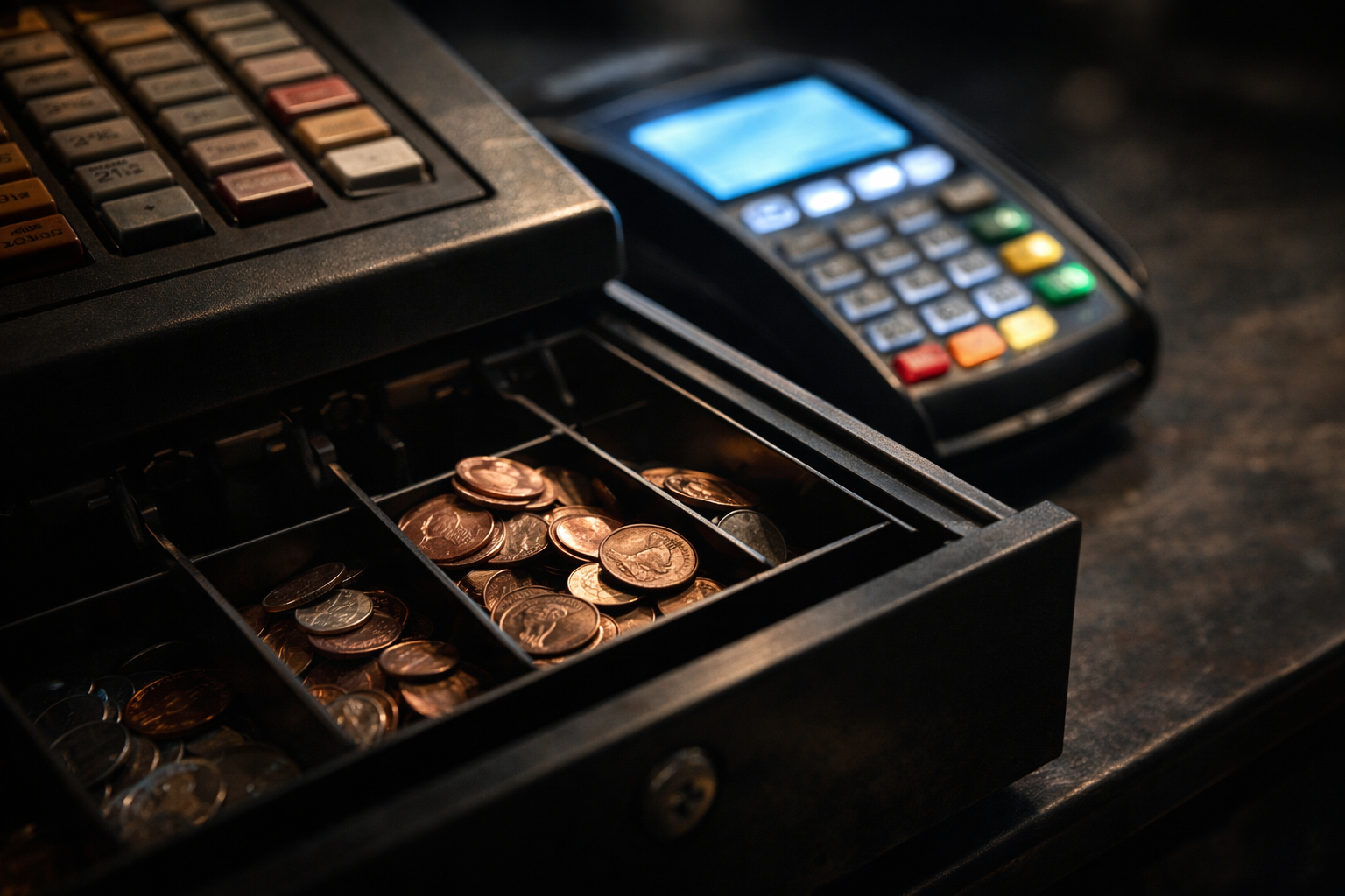 Pennies being used in a cash transaction alongside digital payment system