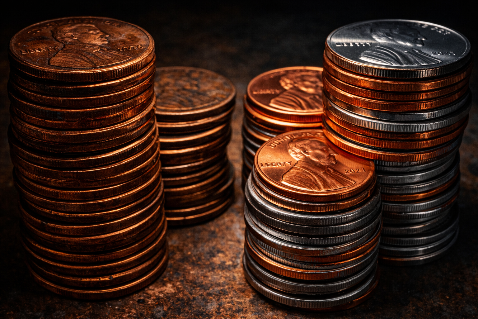 Stack of copper pennies compared to lighter modern zinc pennies showing material difference