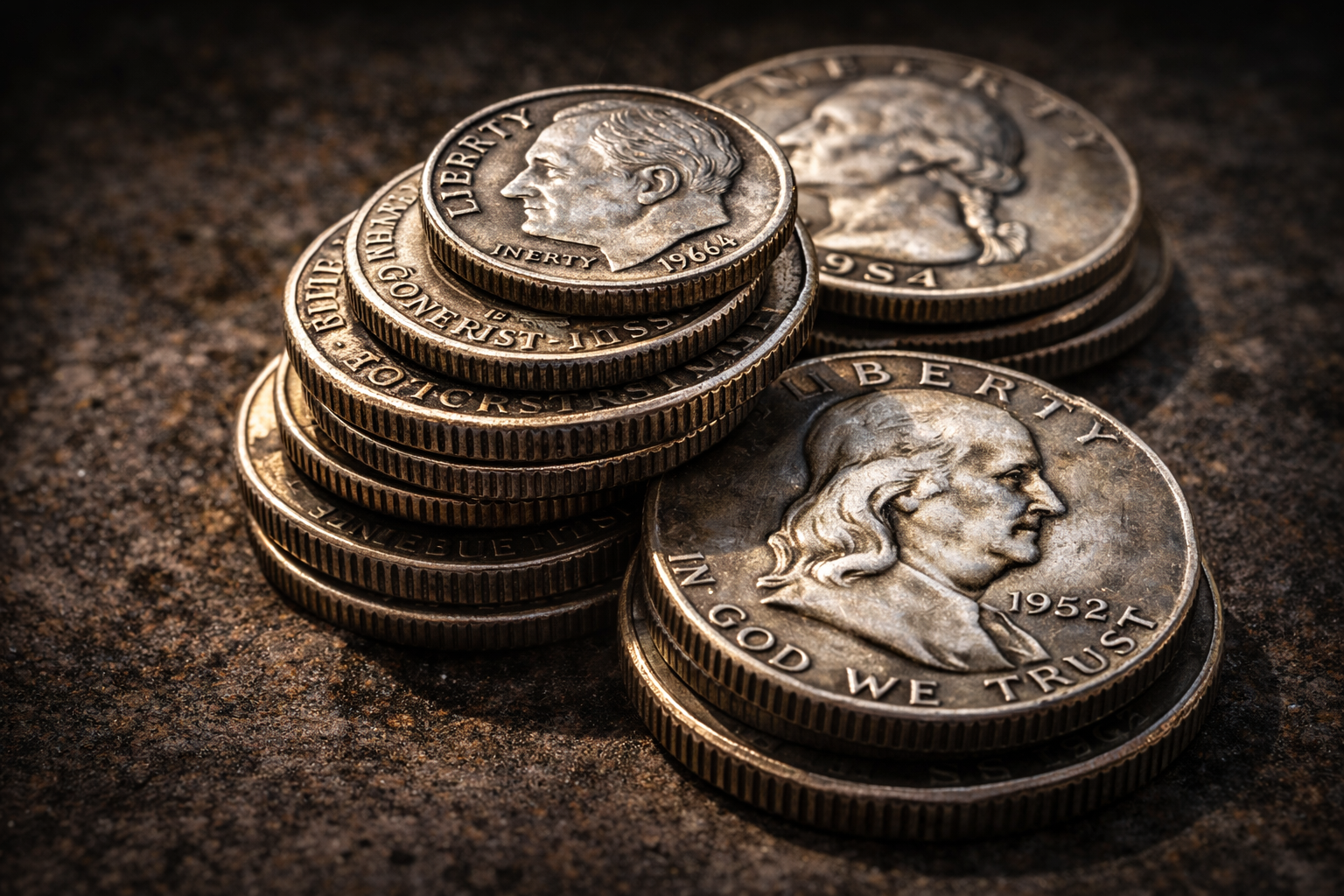 Stack of historic pre-1965 American silver coins