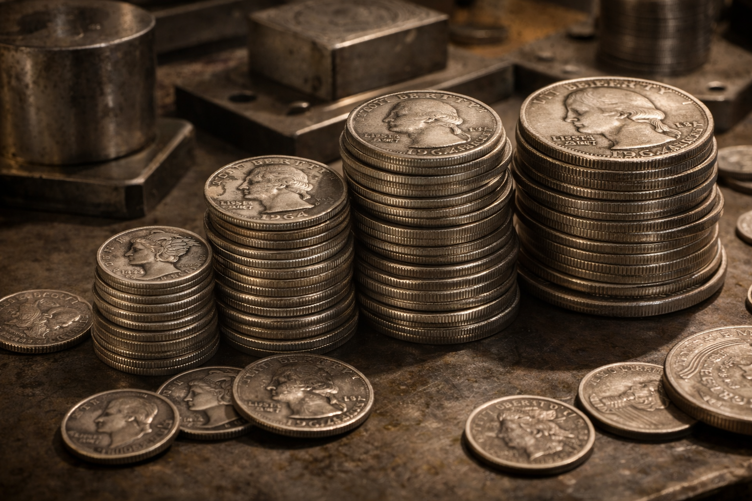 Stacks of historic U.S. silver coins representing early American coinage