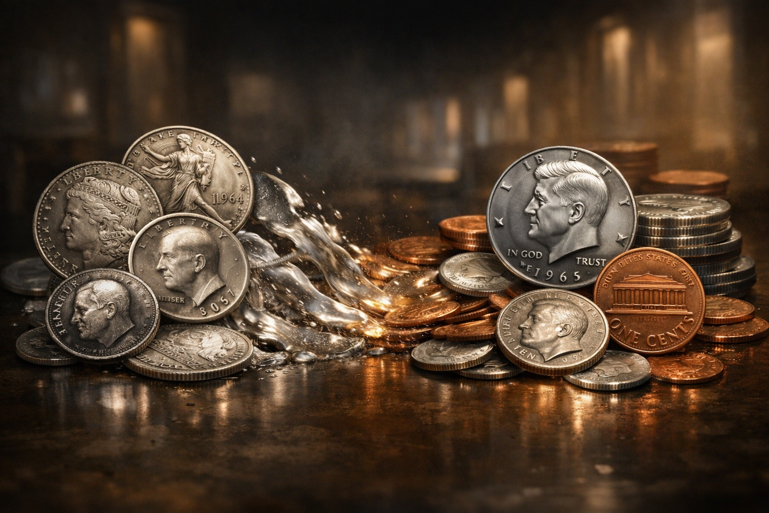 Transition from historic U.S. silver coins to modern clad coins after 1965