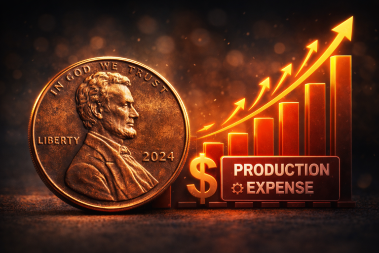 Unused pennies next to digital payment screen showing decline of cash usage