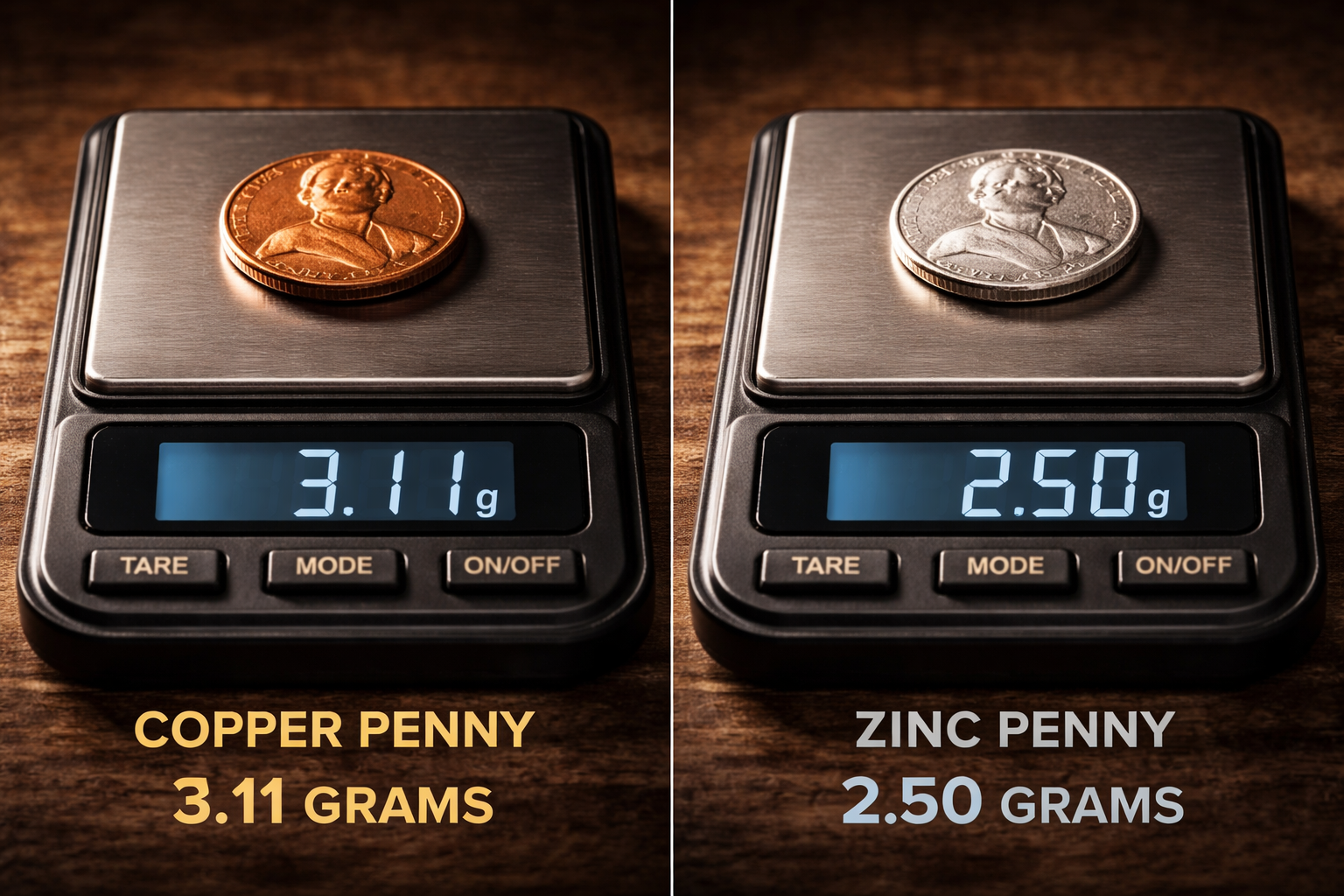 Weighing copper penny and zinc penny showing weight difference