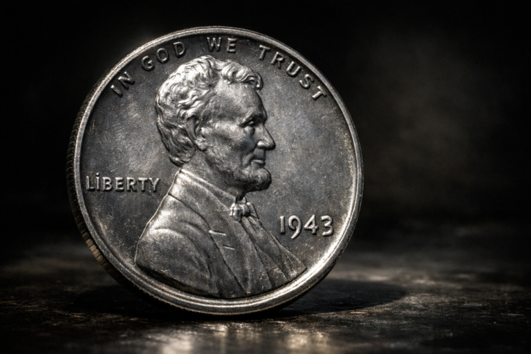 1943 steel penny showing metallic gray surface and unique texture