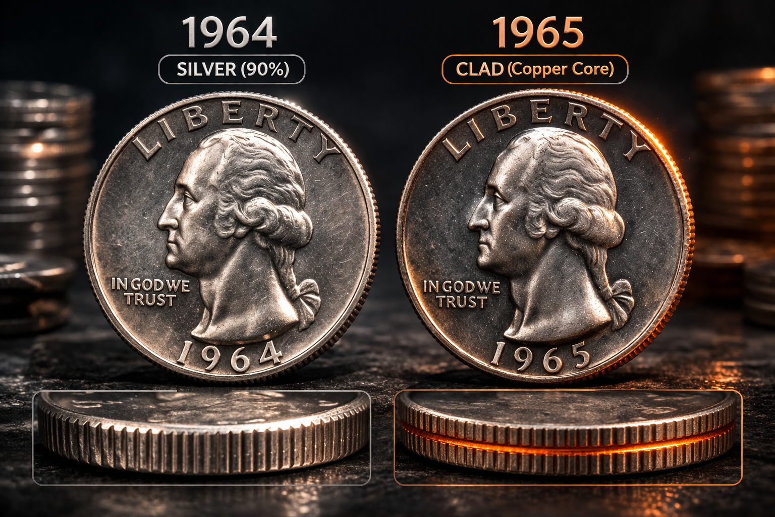 Comparison between 1964 silver quarter and 1965 clad quarter