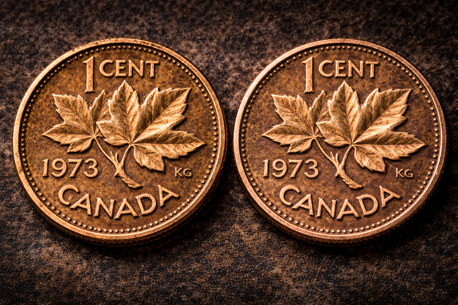 1973 Canadian pennies side by side showing differences