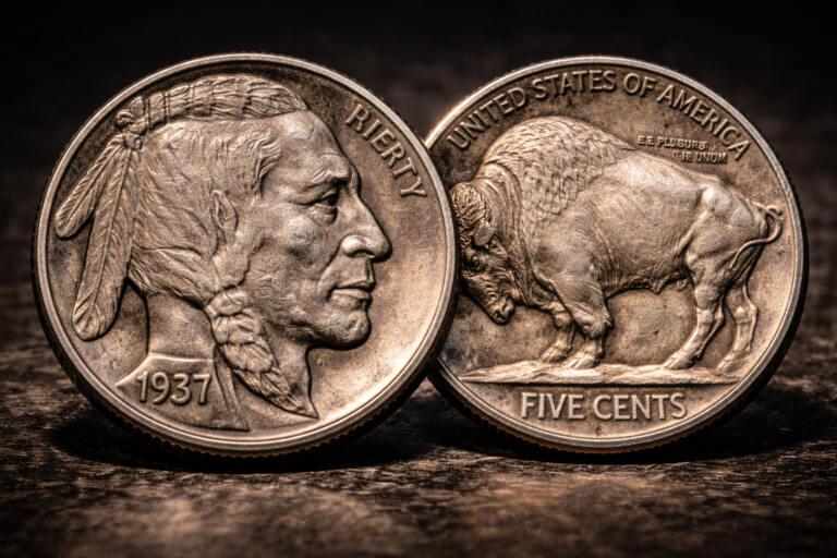 Buffalo nickel showing detailed Native American portrait and buffalo design
